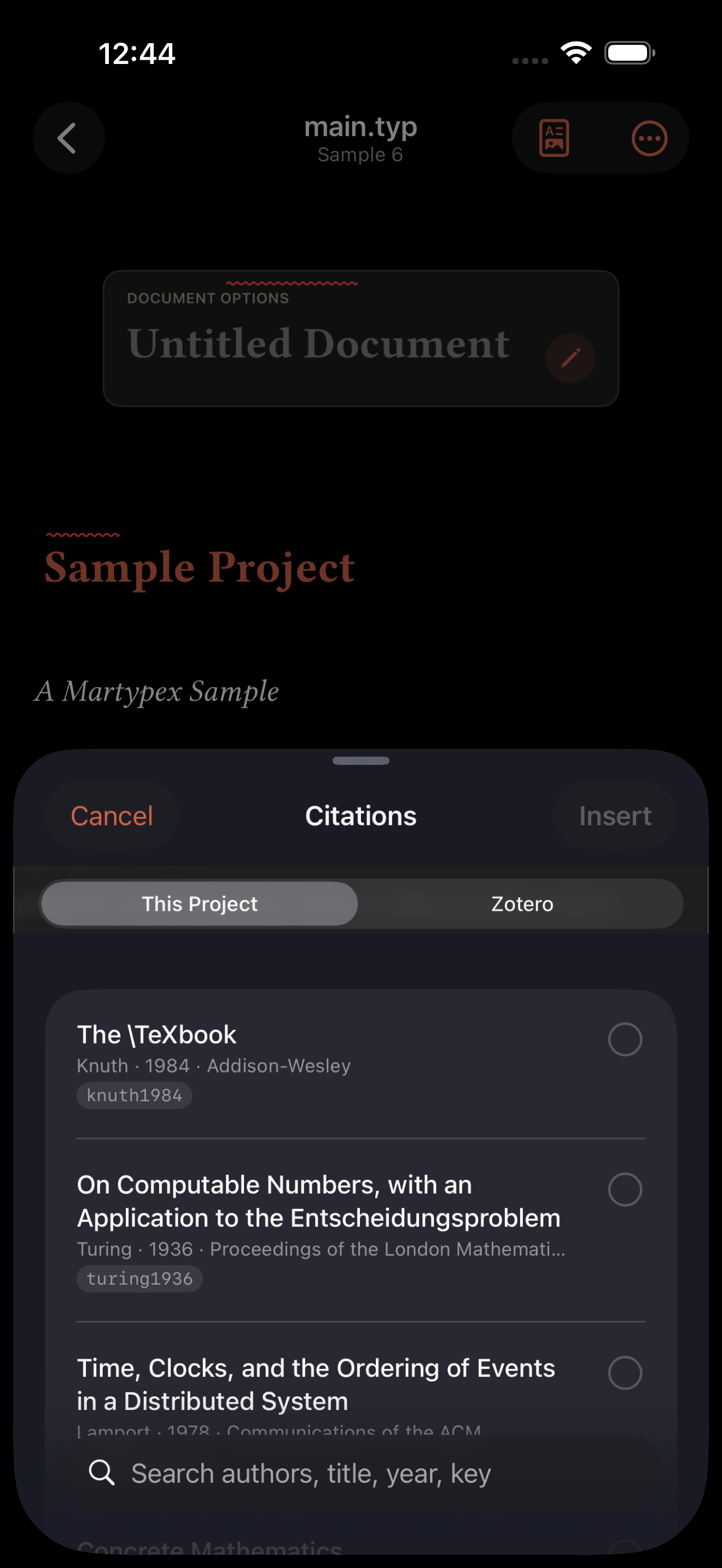 The Citation Browser, searching a project's bibliography, on iPhone, dark mode