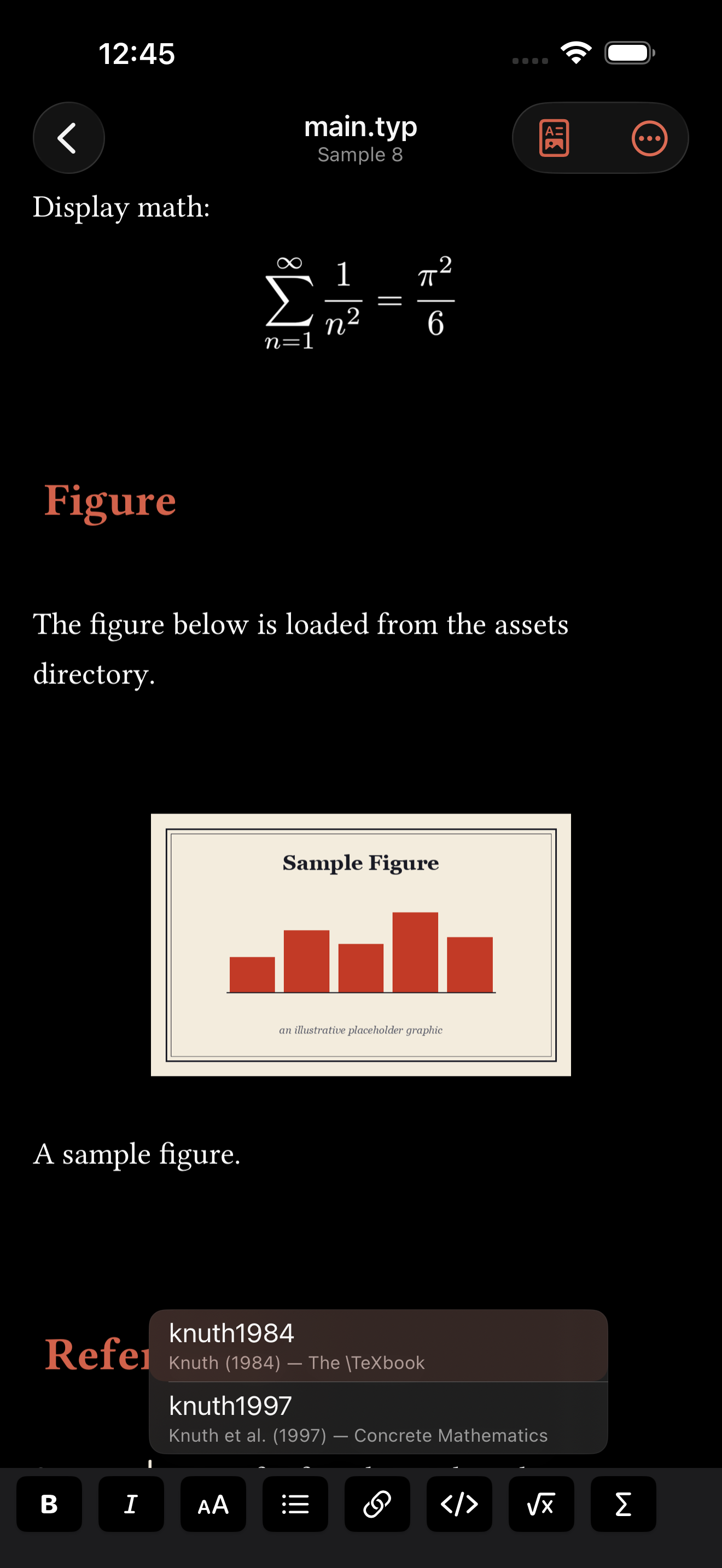 Rich @ completion, showing Author (Year) — Title for each candidate, on iPhone, dark mode