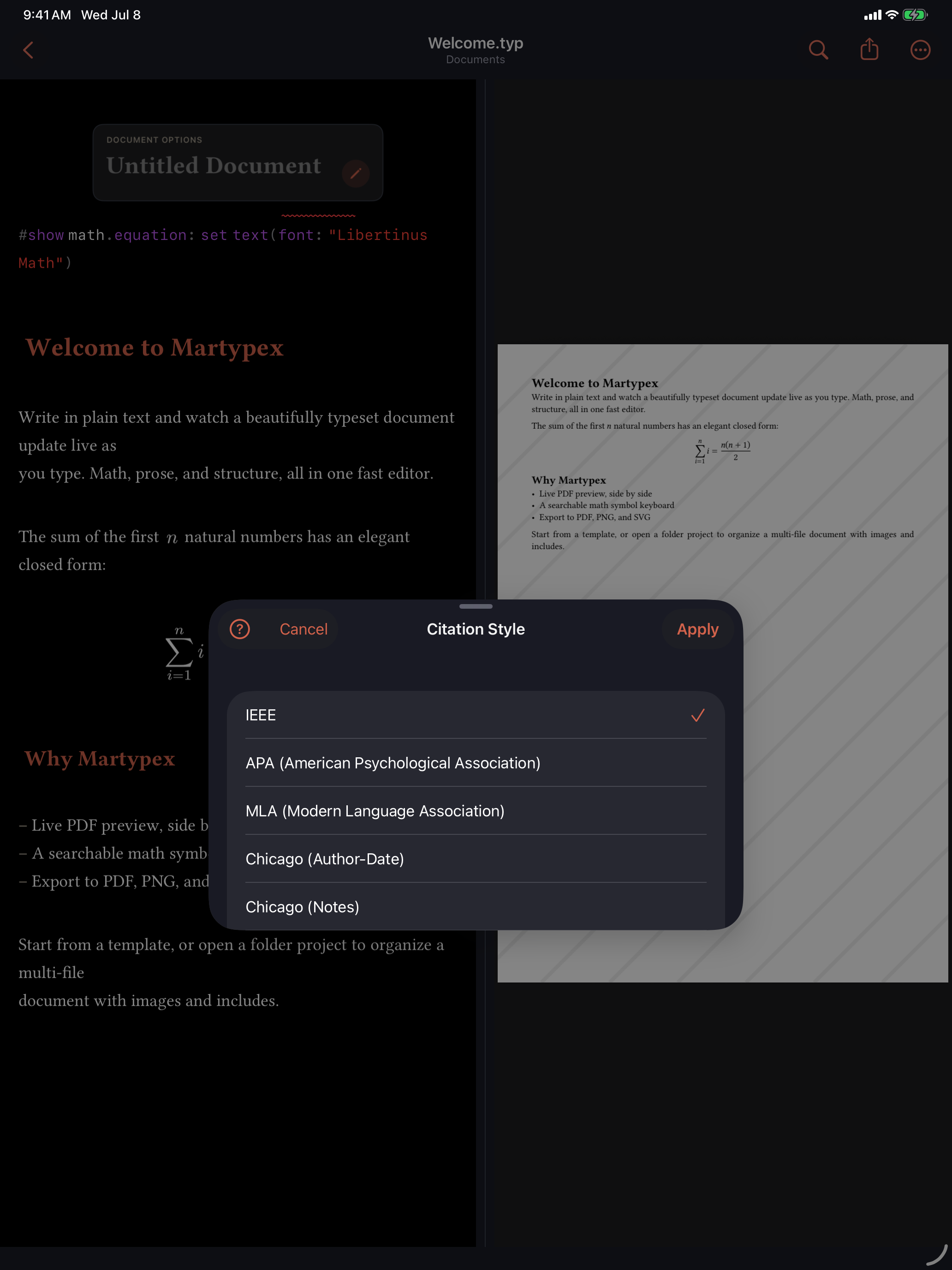 Citation Style picker on iPad, dark mode