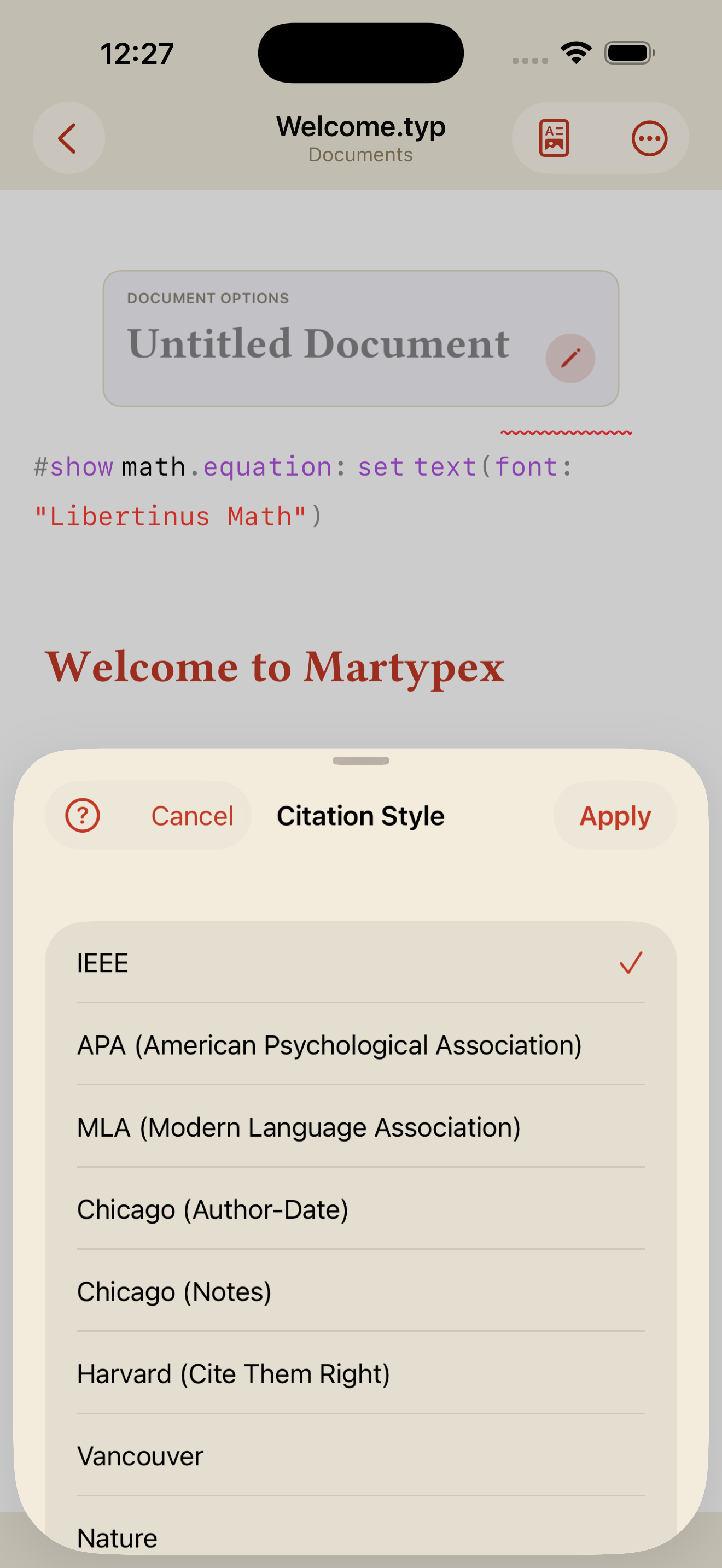 Citation Style picker on iPhone, light mode