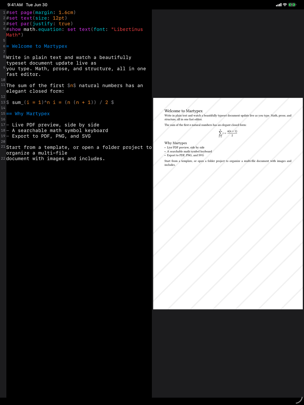 Editor & Live Preview on iPad, dark mode