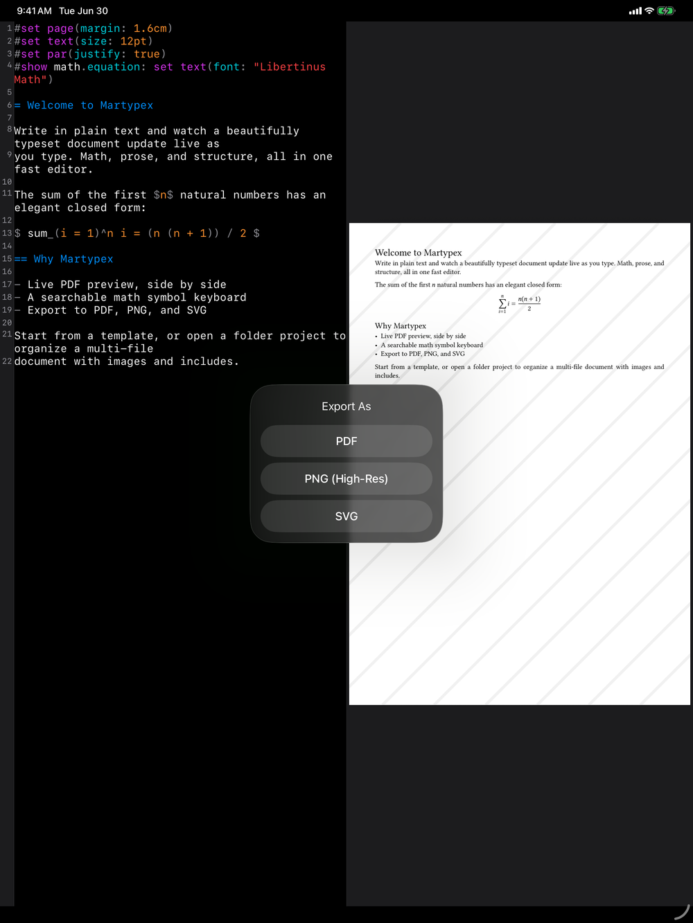 Export format picker on iPad, dark mode