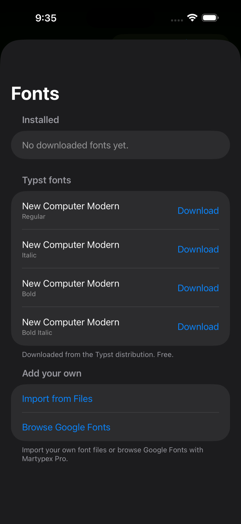 Fonts manager on iPhone, dark mode