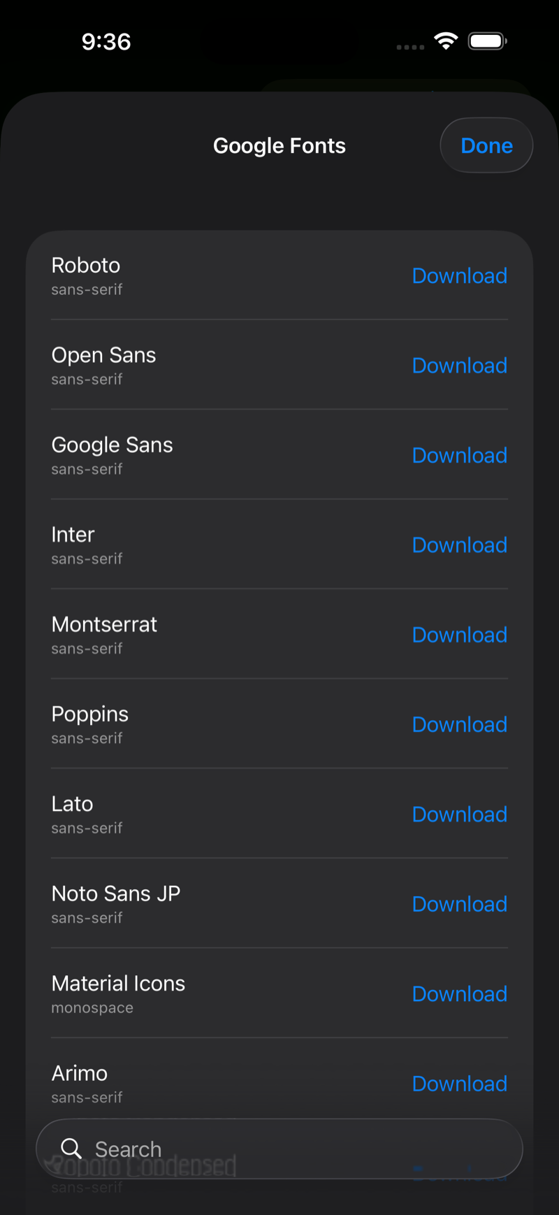 Google Fonts browser on iPhone, dark mode
