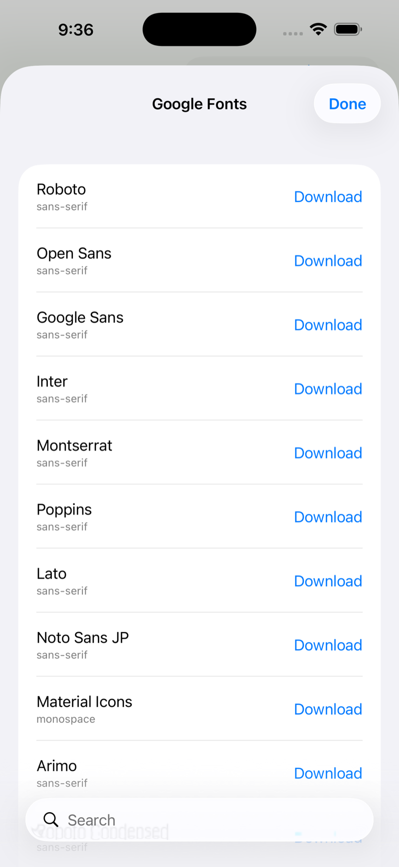Google Fonts browser on iPhone, light mode