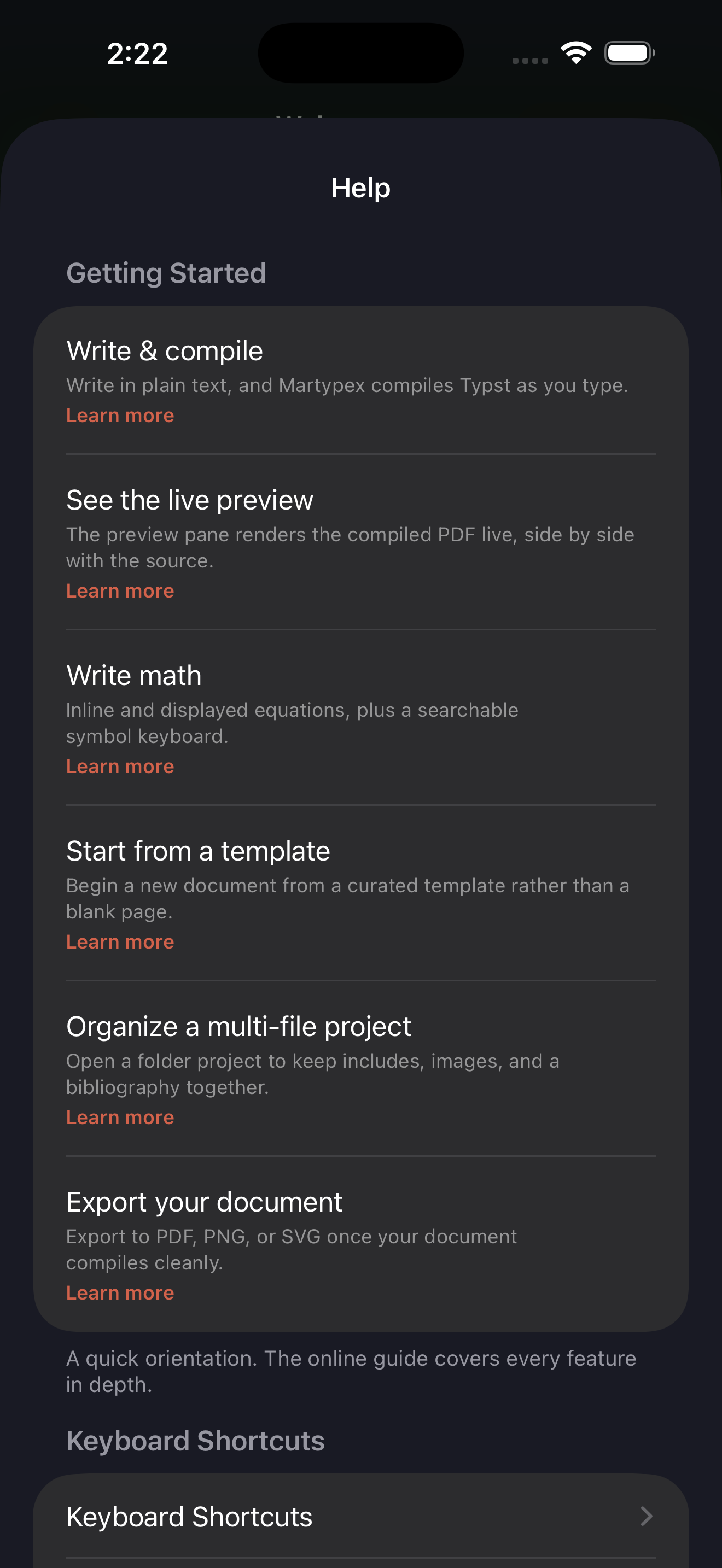 In-app Help hub with Getting Started how-tos and a Keyboard Shortcuts link, on iPhone, dark mode