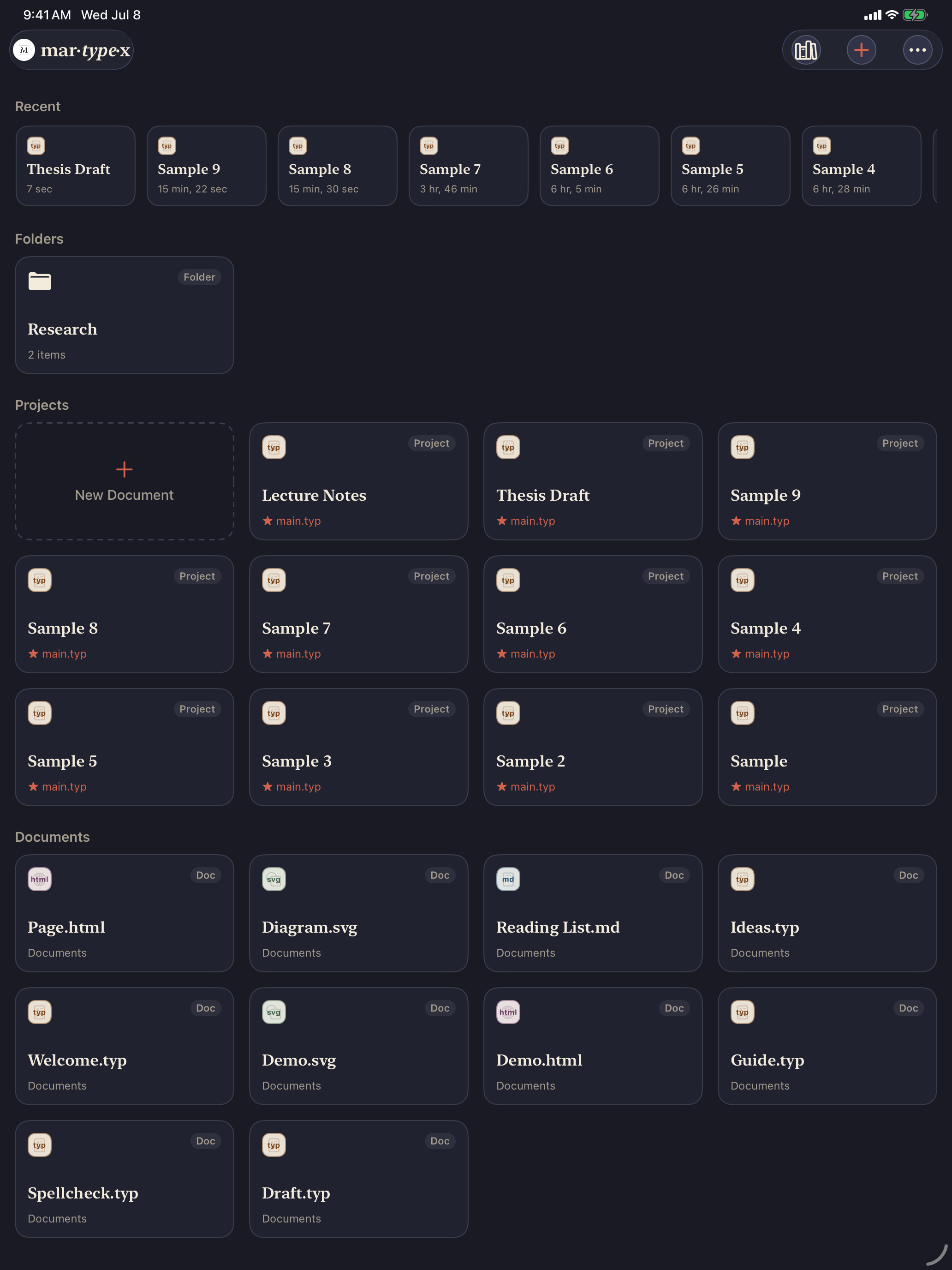 Home with a Folders section shown above Projects, on iPad, dark mode