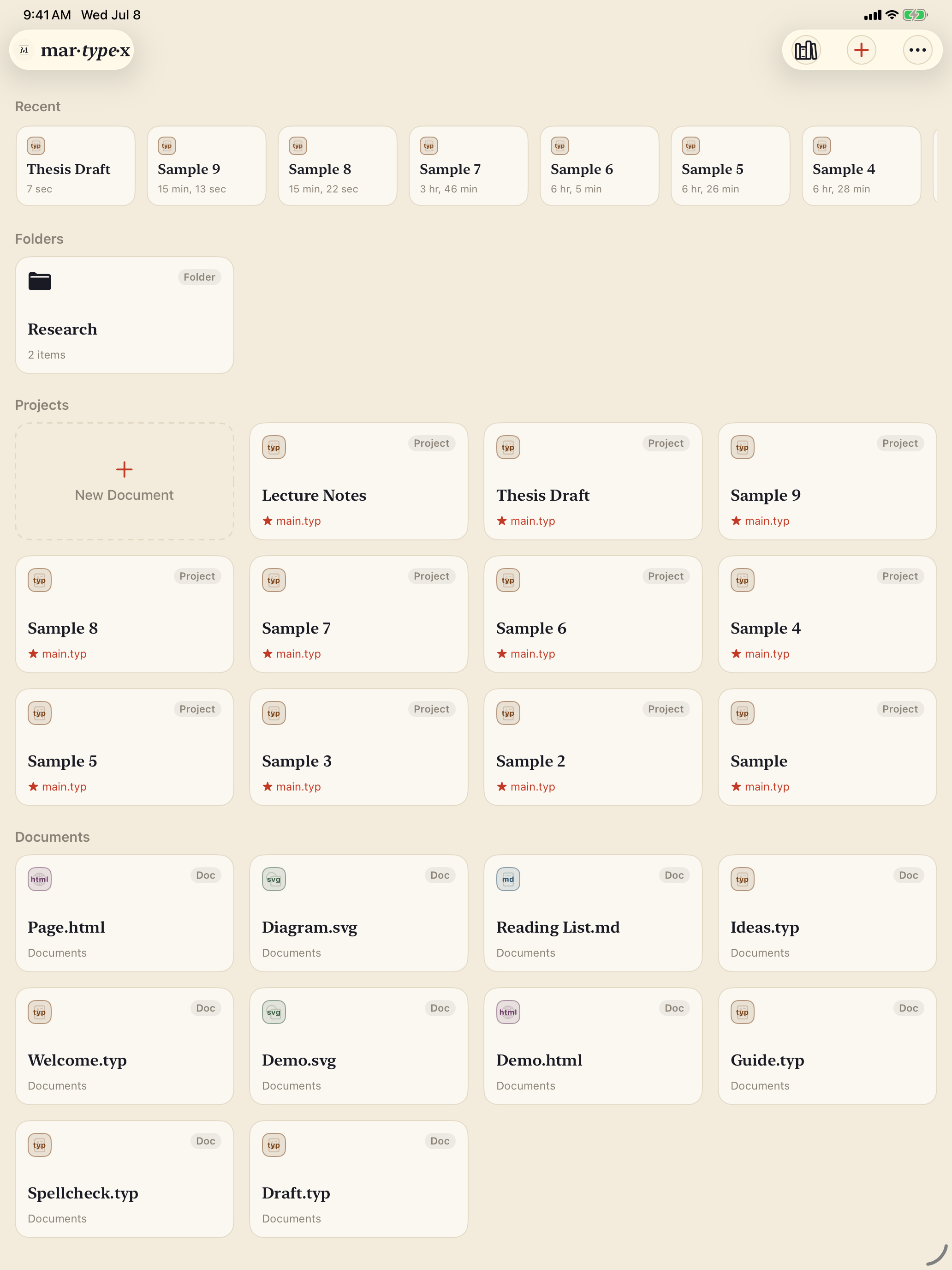 Home with a Folders section shown above Projects, on iPad, light mode