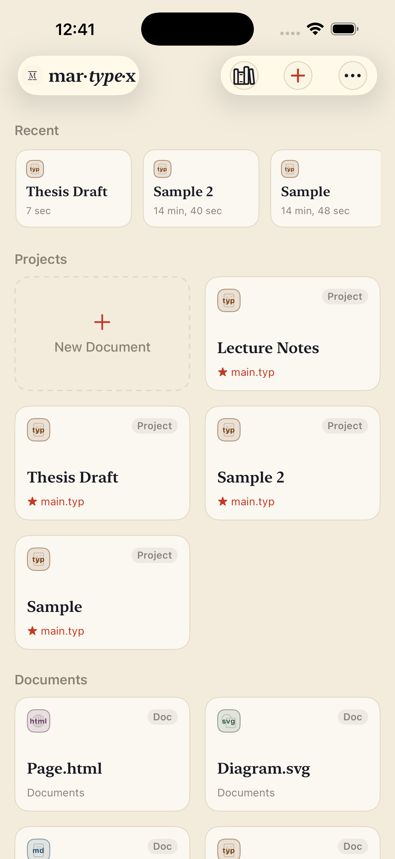 Home, showing Recent, Projects, and Documents sections, on iPhone, light mode