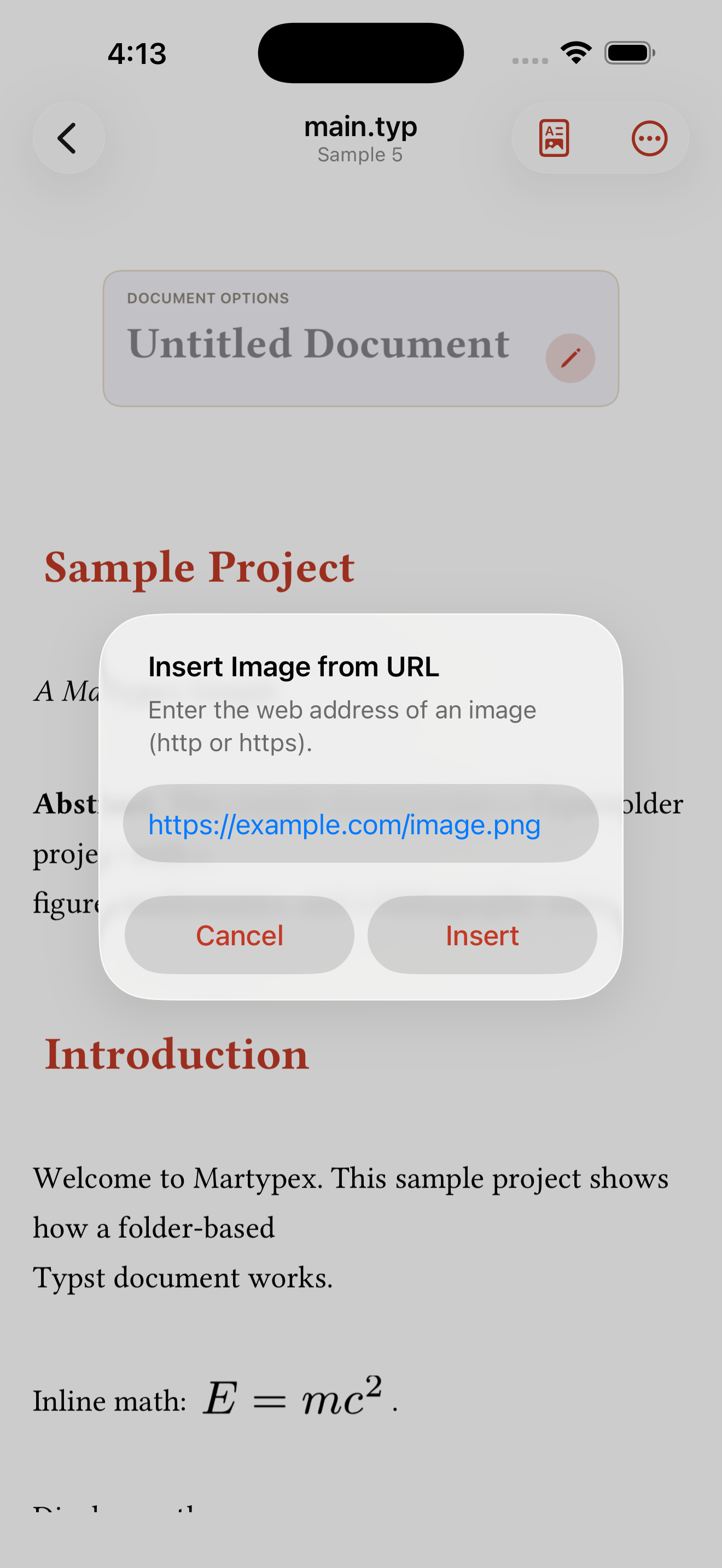 The Insert Image from URL dialog over a document on iPhone, light mode