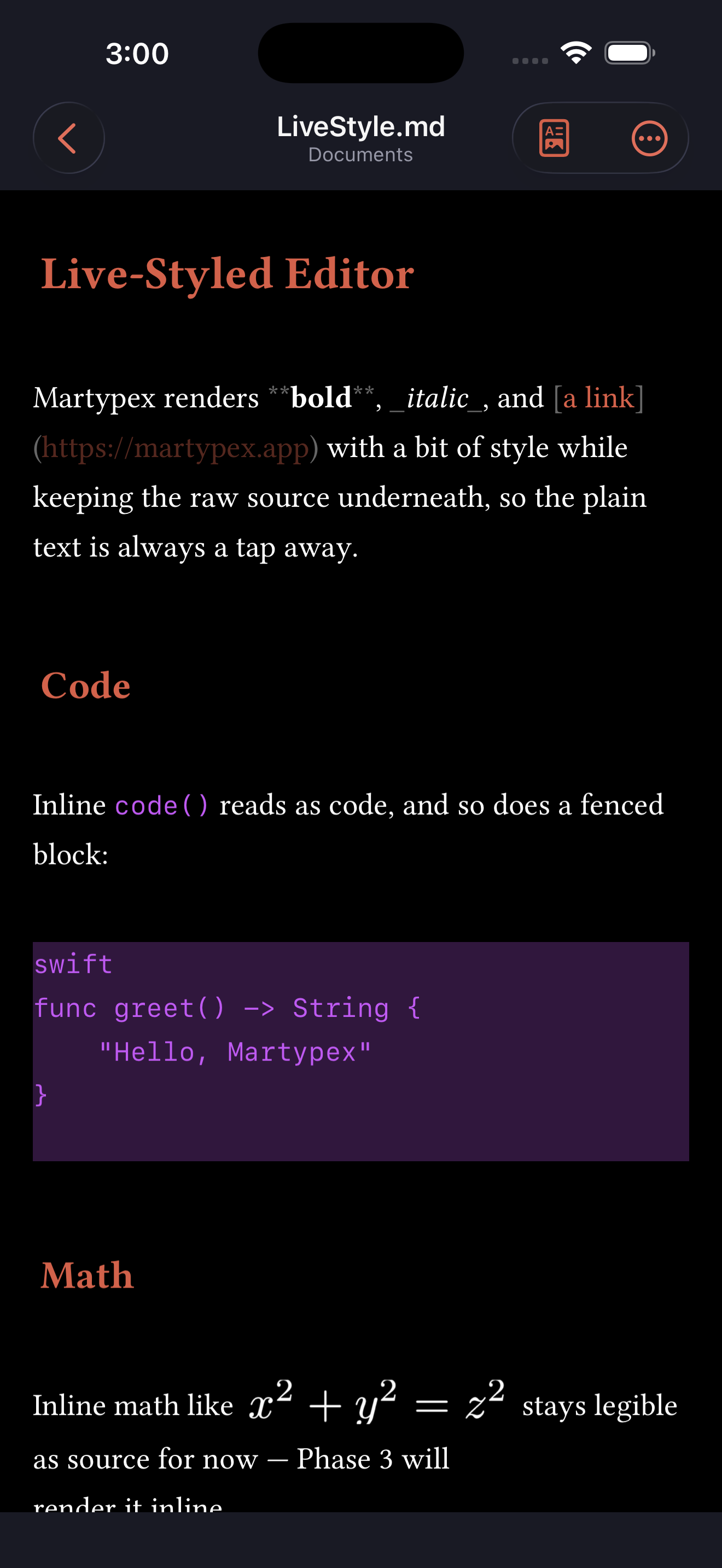 Live-styled Markdown, showing rendered headings, bold, italic, a link, and a code block, on iPhone, dark mode