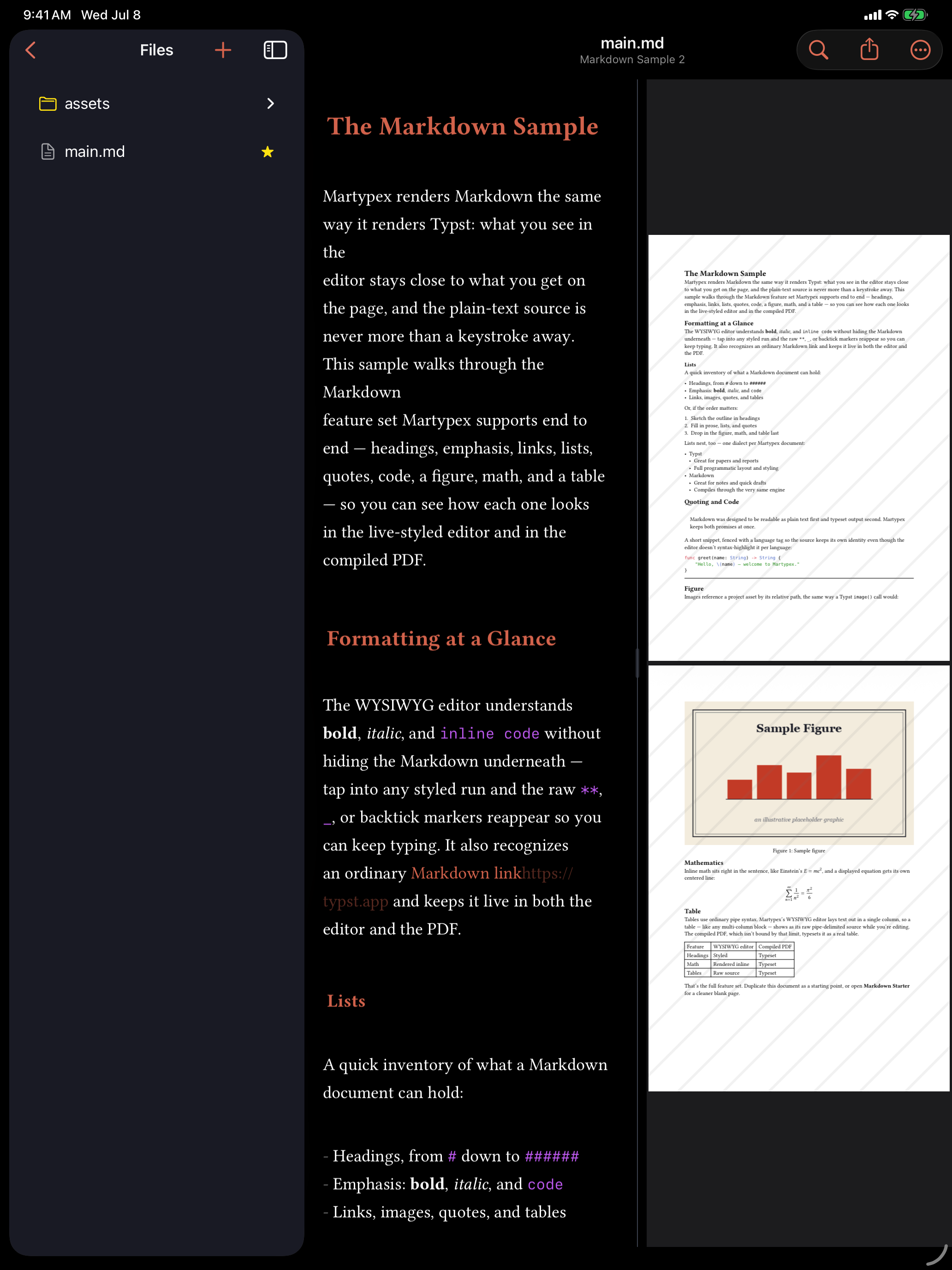 A Markdown document with Document Options driven by YAML frontmatter, on iPad, dark mode
