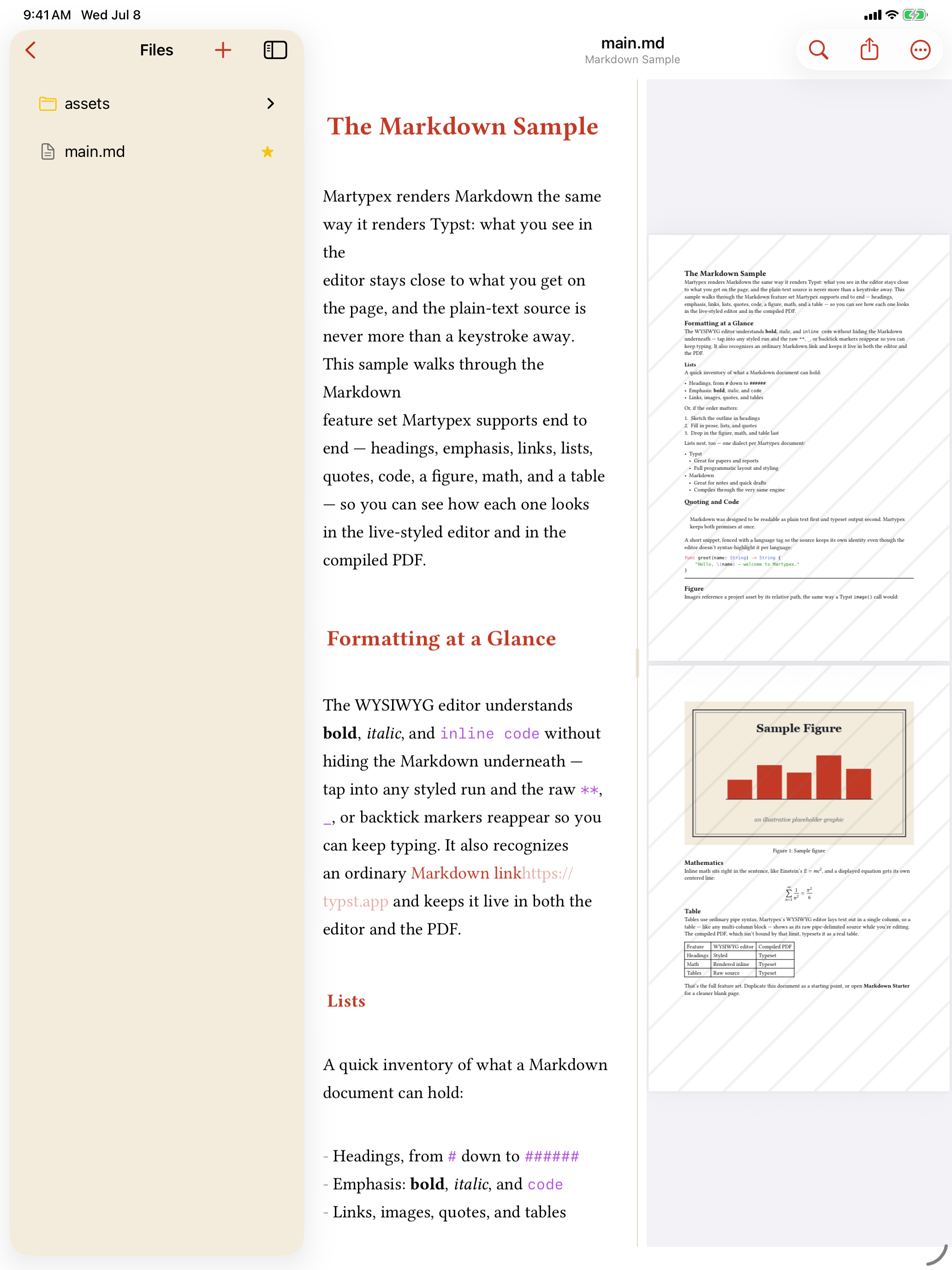 A Markdown document with Document Options driven by YAML frontmatter, on iPad, light mode
