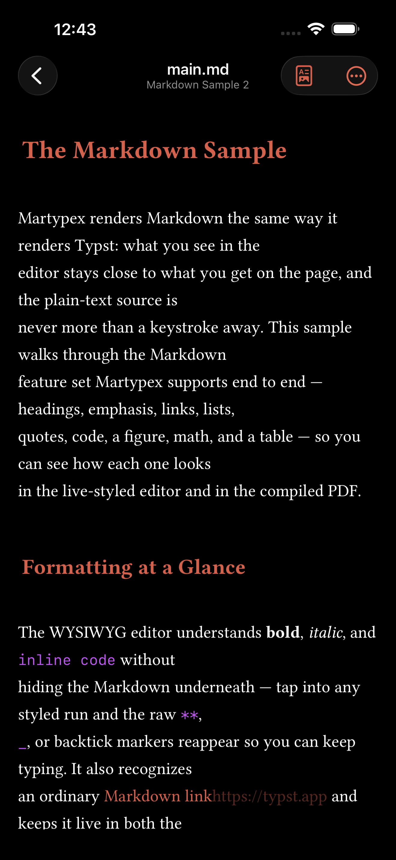 A Markdown document with Document Options driven by YAML frontmatter, on iPhone, dark mode