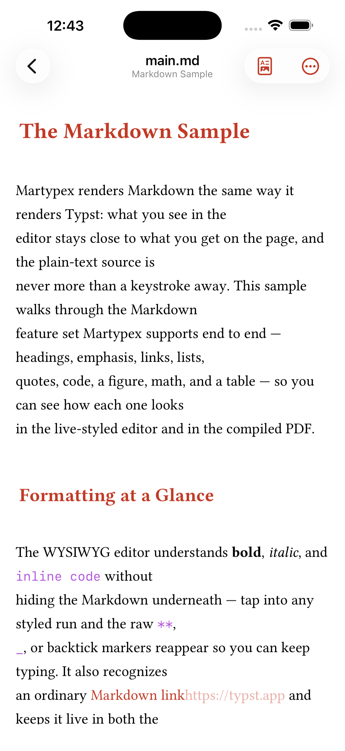 A Markdown document with Document Options driven by YAML frontmatter, on iPhone, light mode