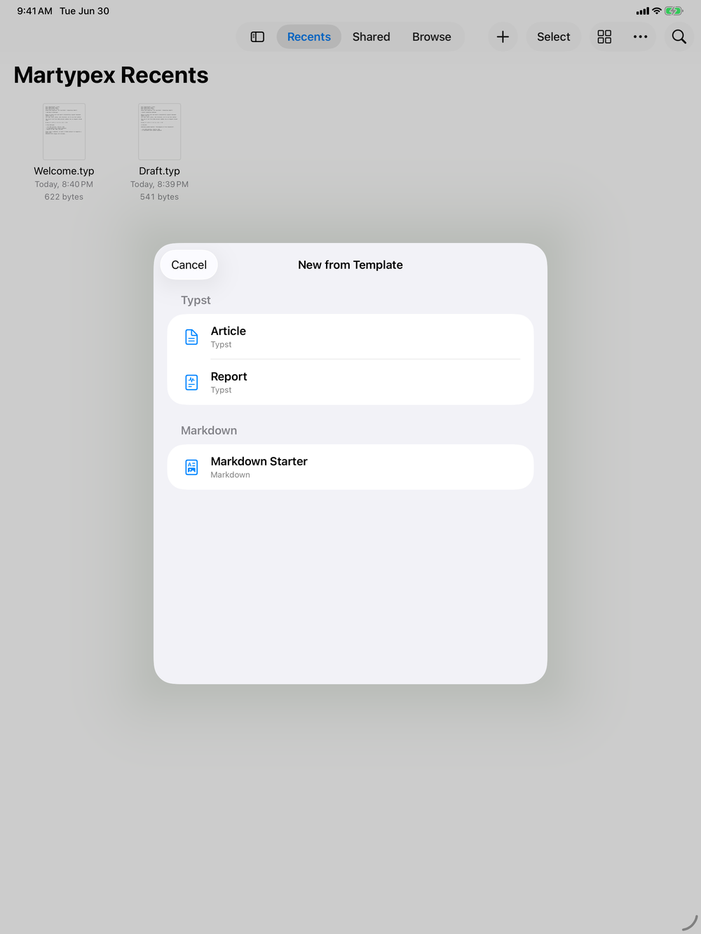 New document on iPad, light mode