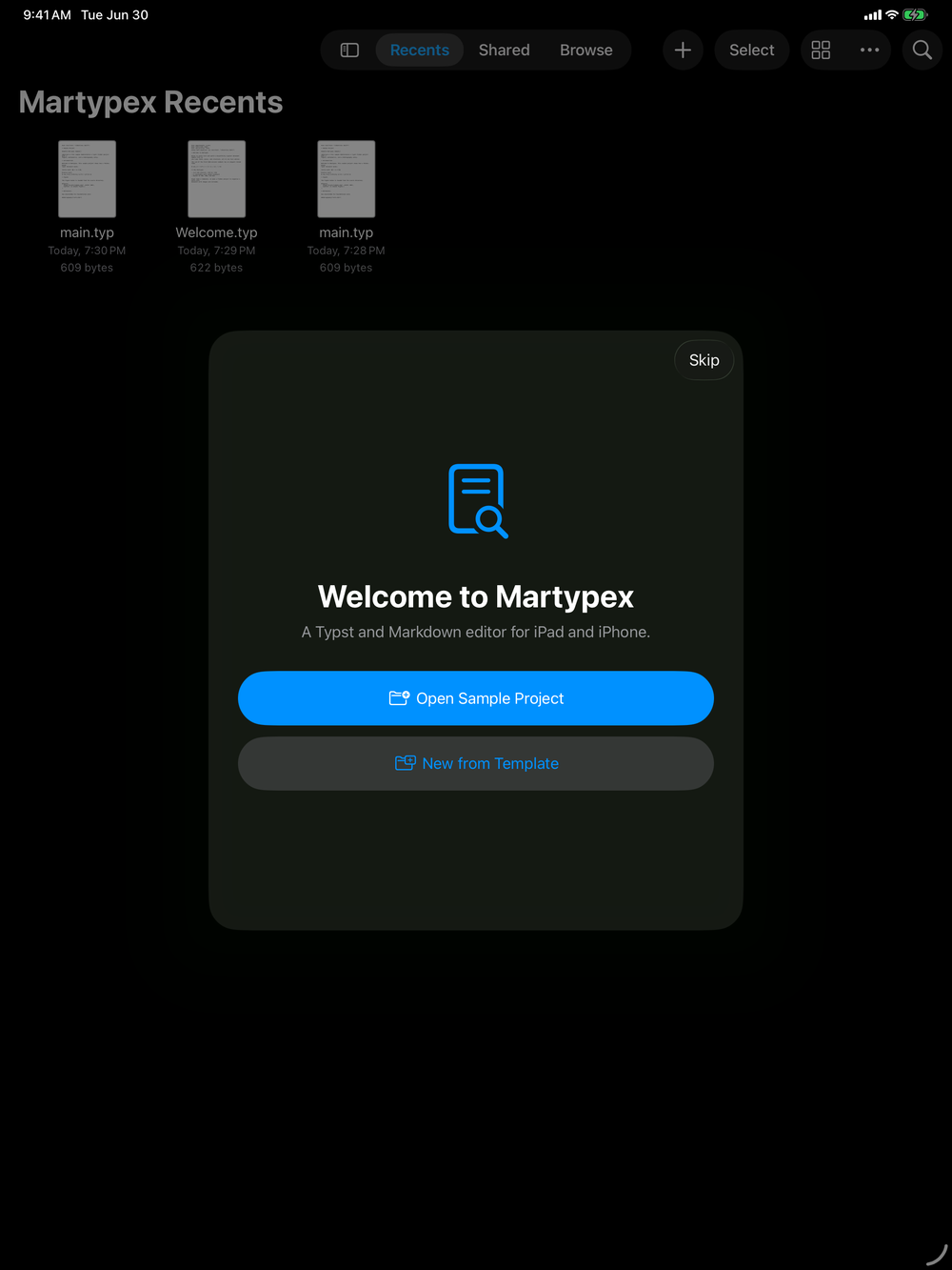 Welcome screen on iPad, dark mode