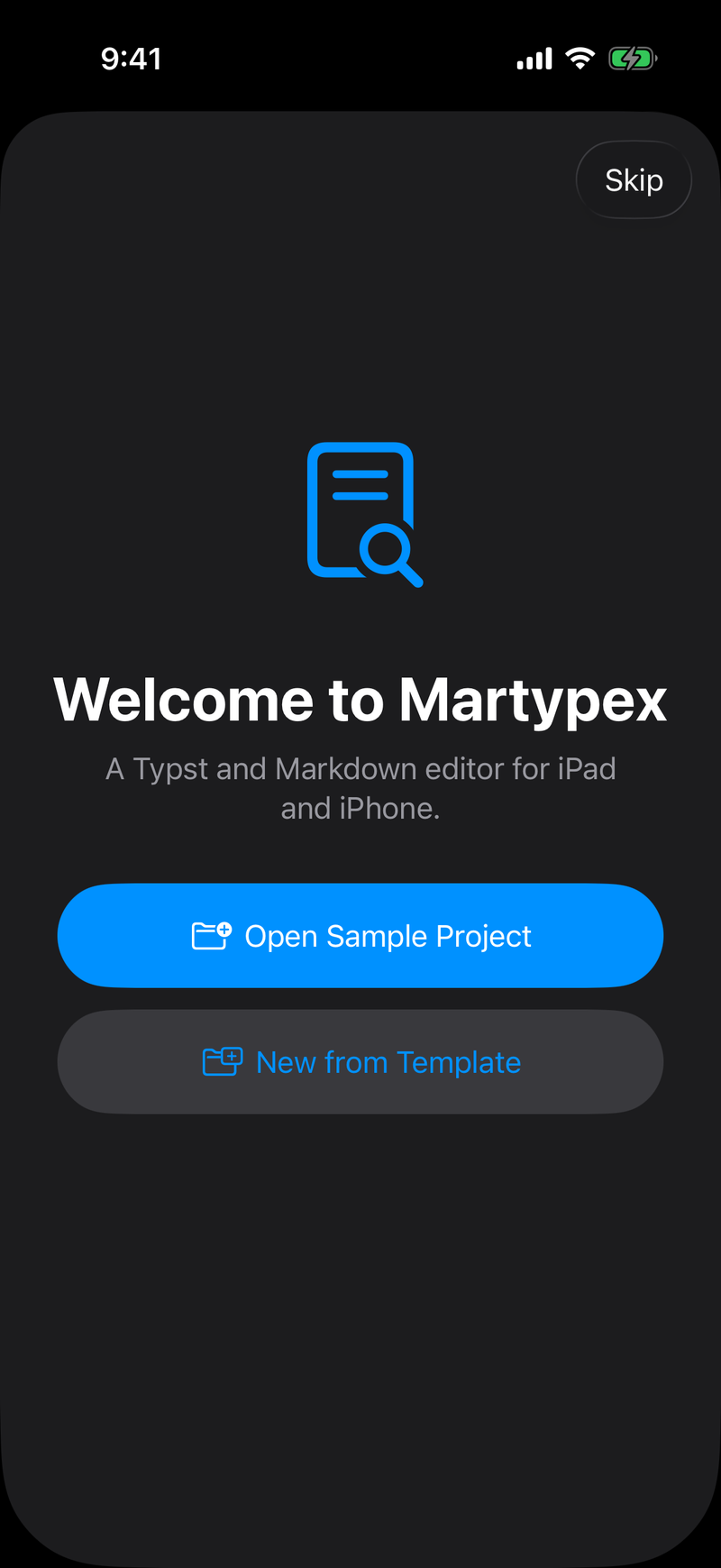 Welcome screen on iPhone, dark mode