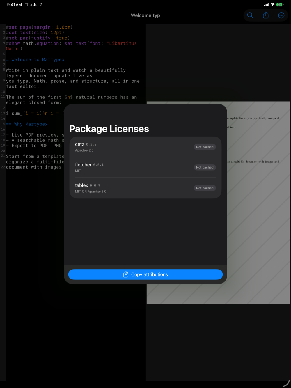 Package Licenses report on iPad, dark mode