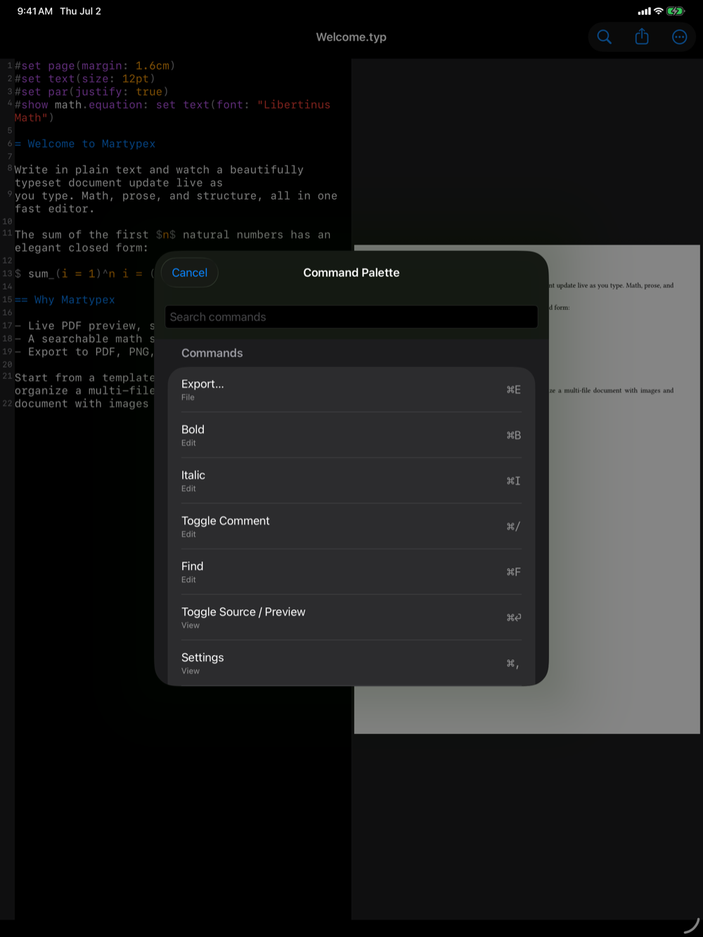 Command Palette on iPad, dark mode