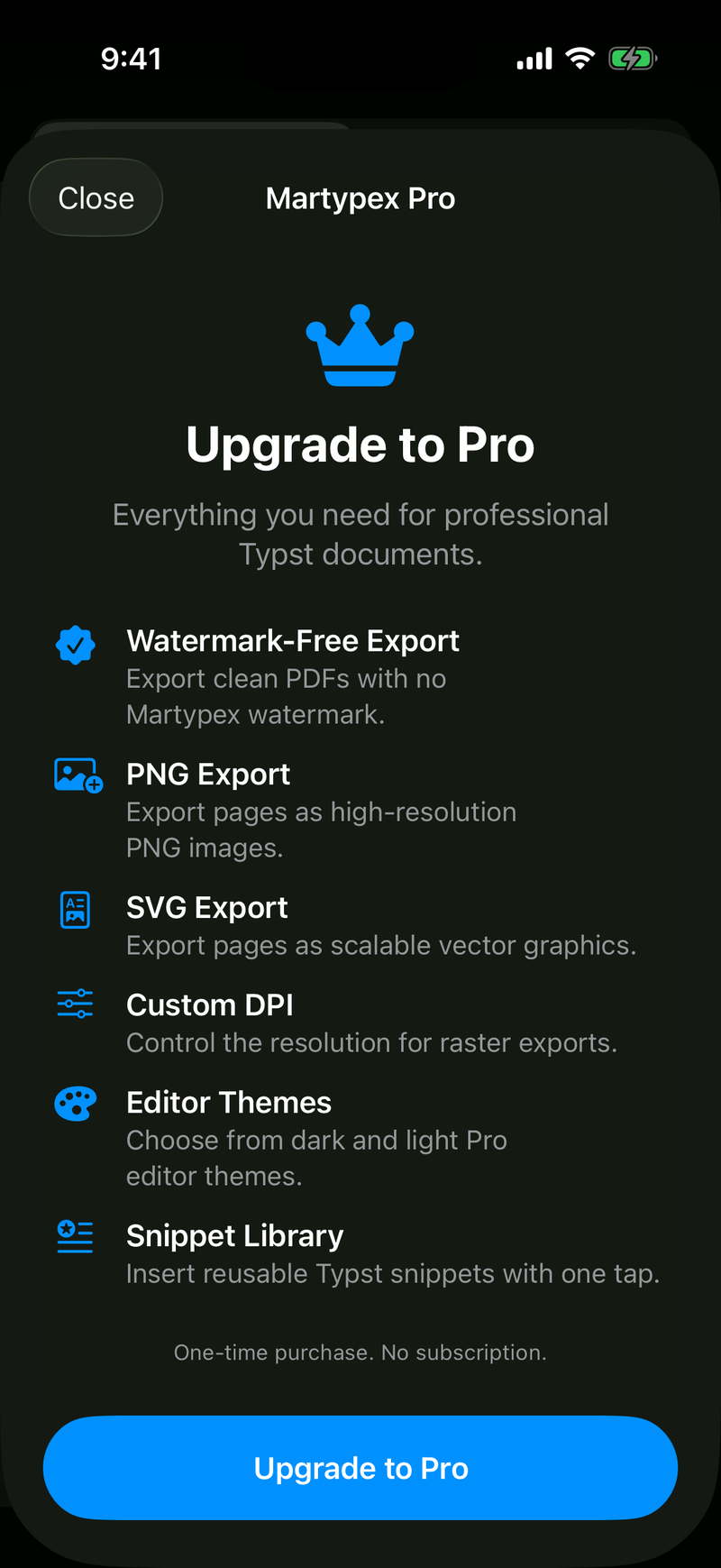 Martypex Pro on iPhone, dark mode