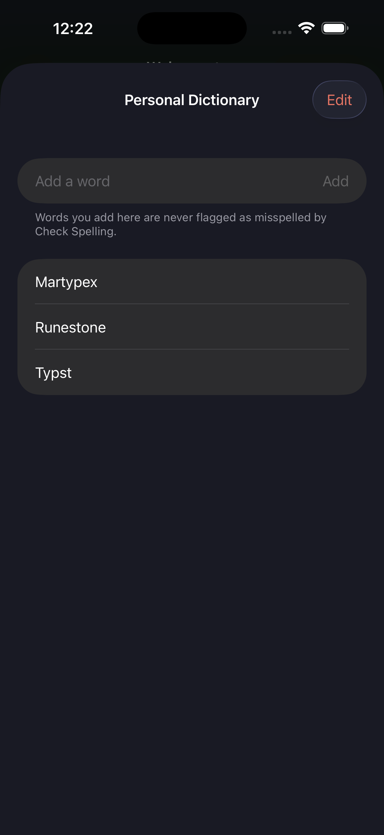 Personal Dictionary list of accepted words on iPhone, dark mode