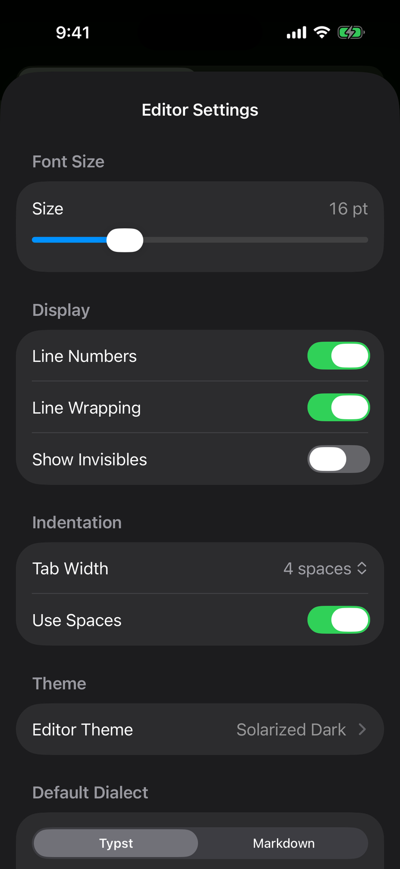 Settings on iPhone, dark mode