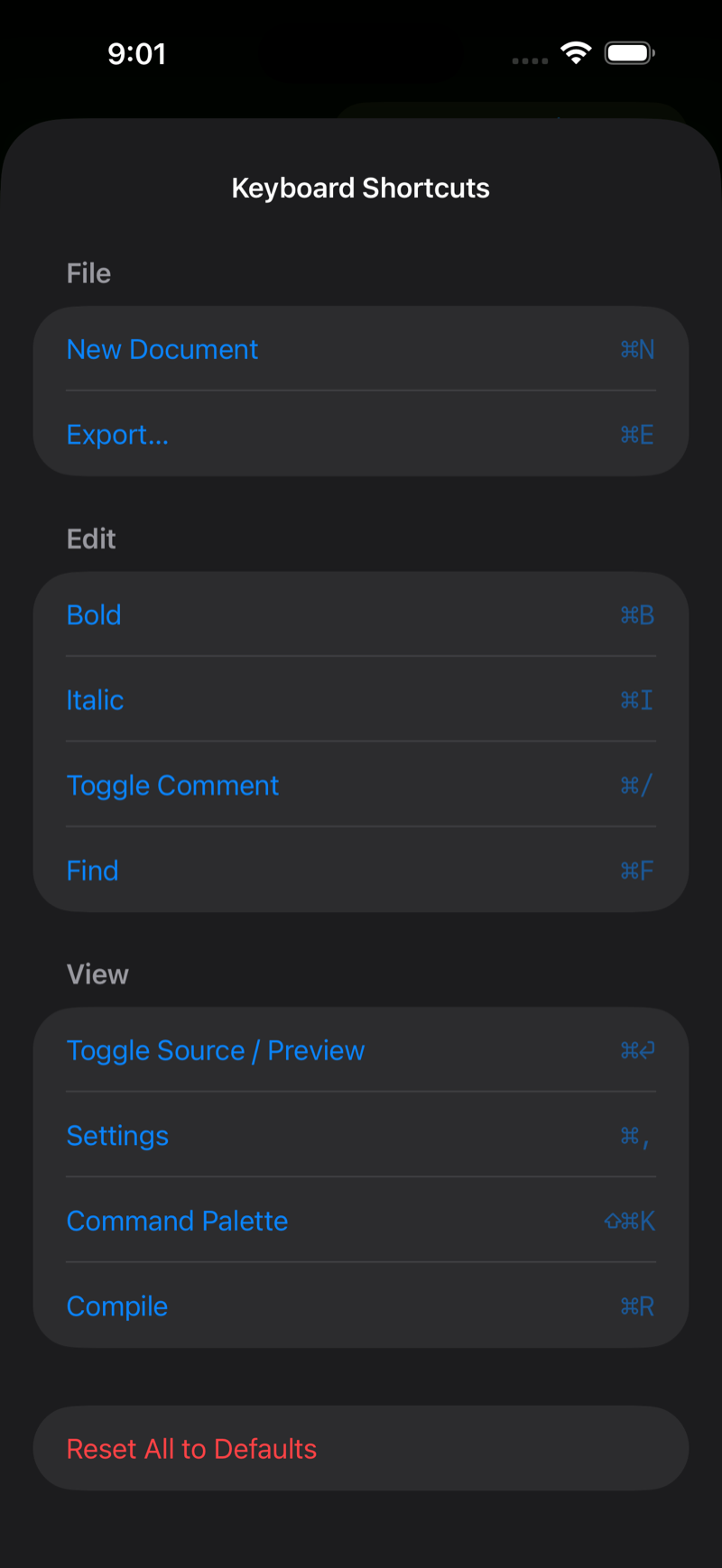 Keyboard Shortcuts on iPhone, dark mode