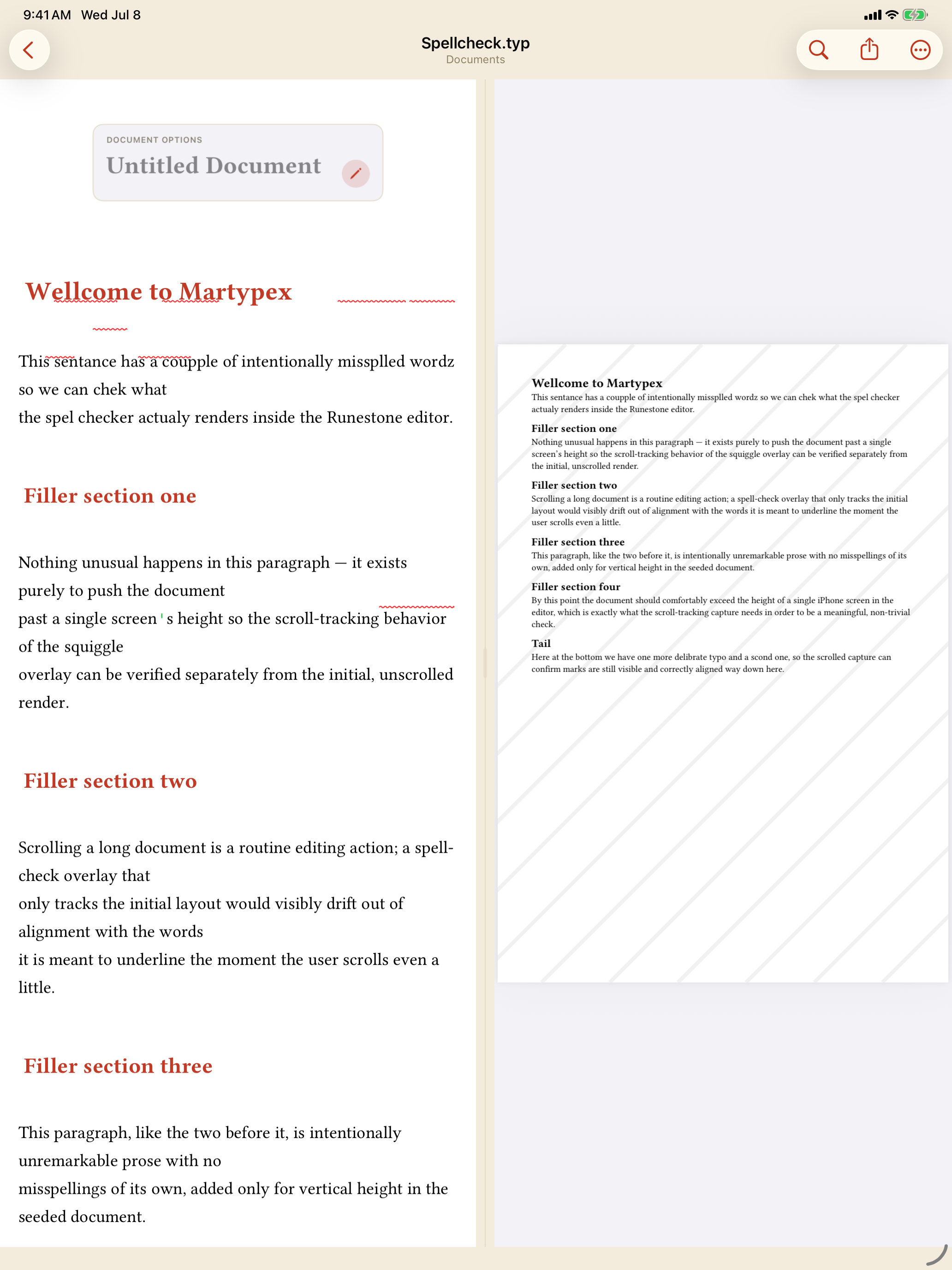 Editor with red wavy underlines beneath misspelled words on iPad, light mode