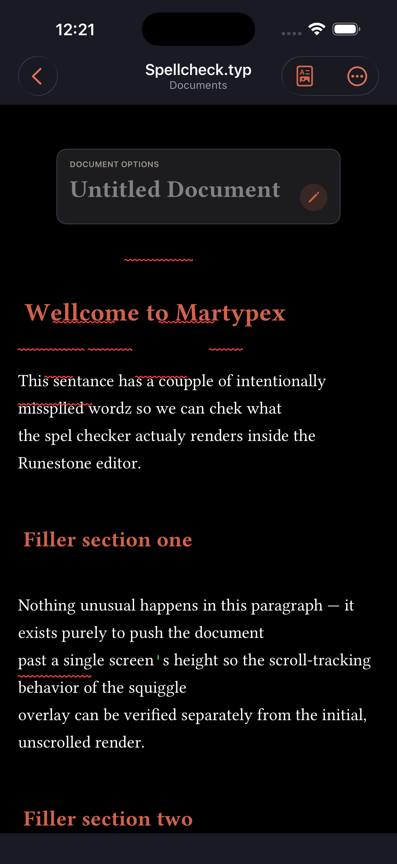 Editor with red wavy underlines beneath misspelled words on iPhone, dark mode