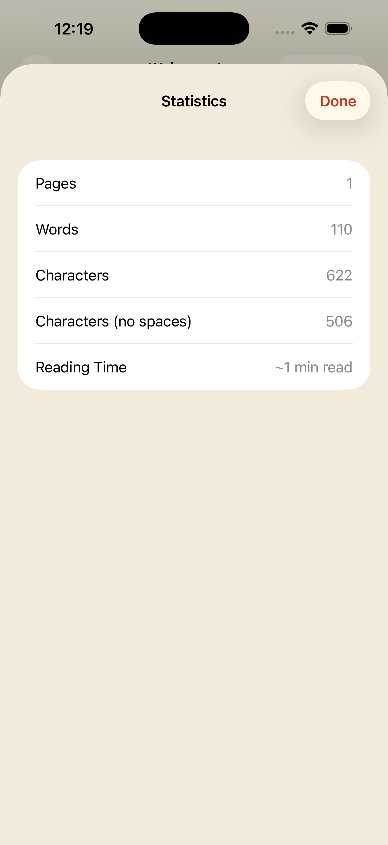 Document statistics sheet on iPhone, light mode