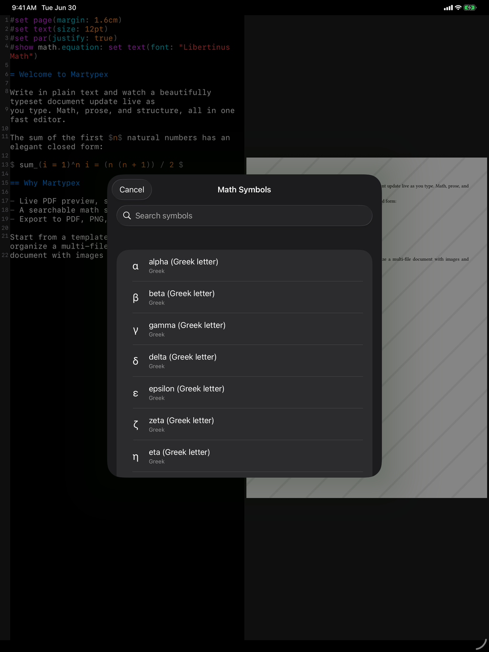 Symbol palette on iPad, dark mode