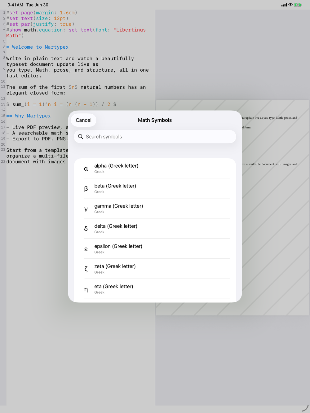 Symbol palette on iPad, light mode
