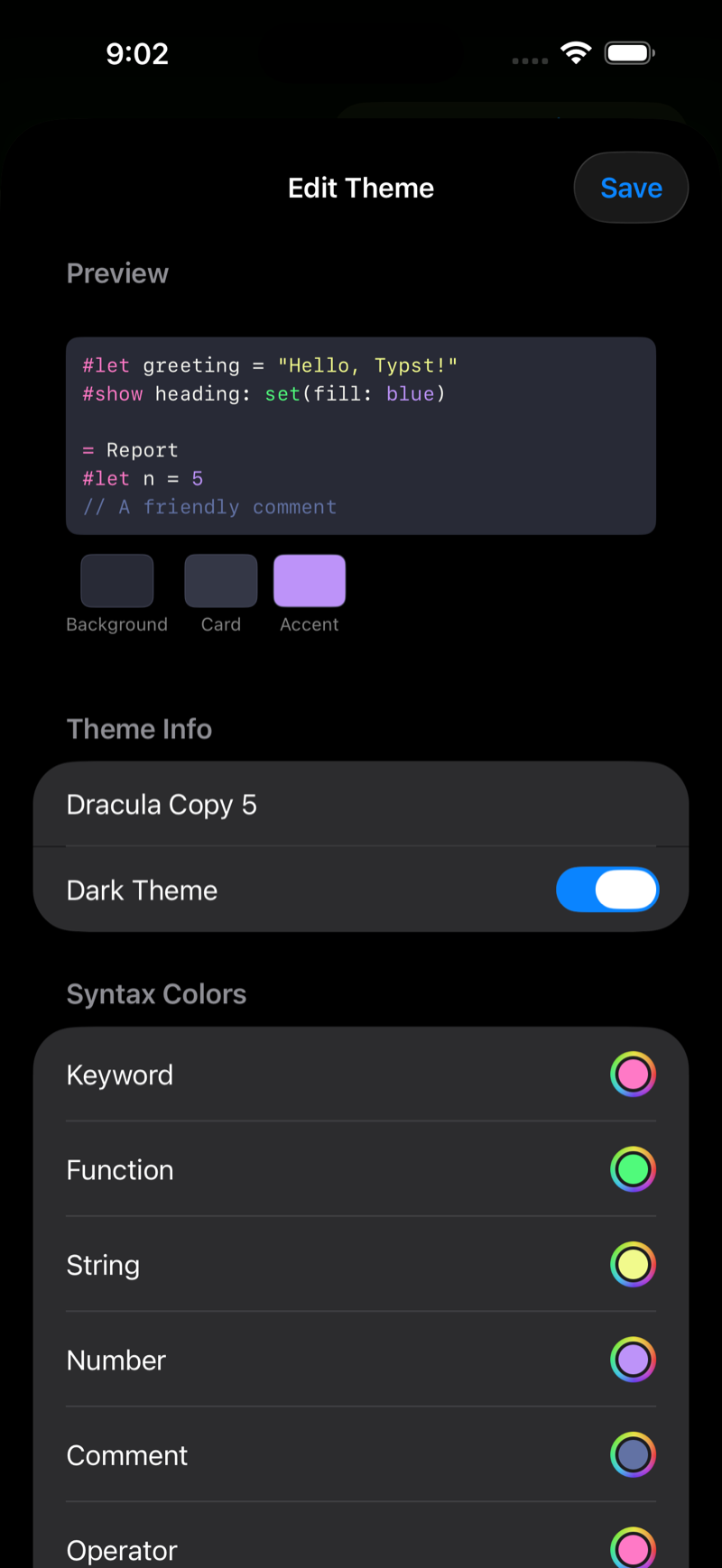 Theme editor on iPhone, dark mode
