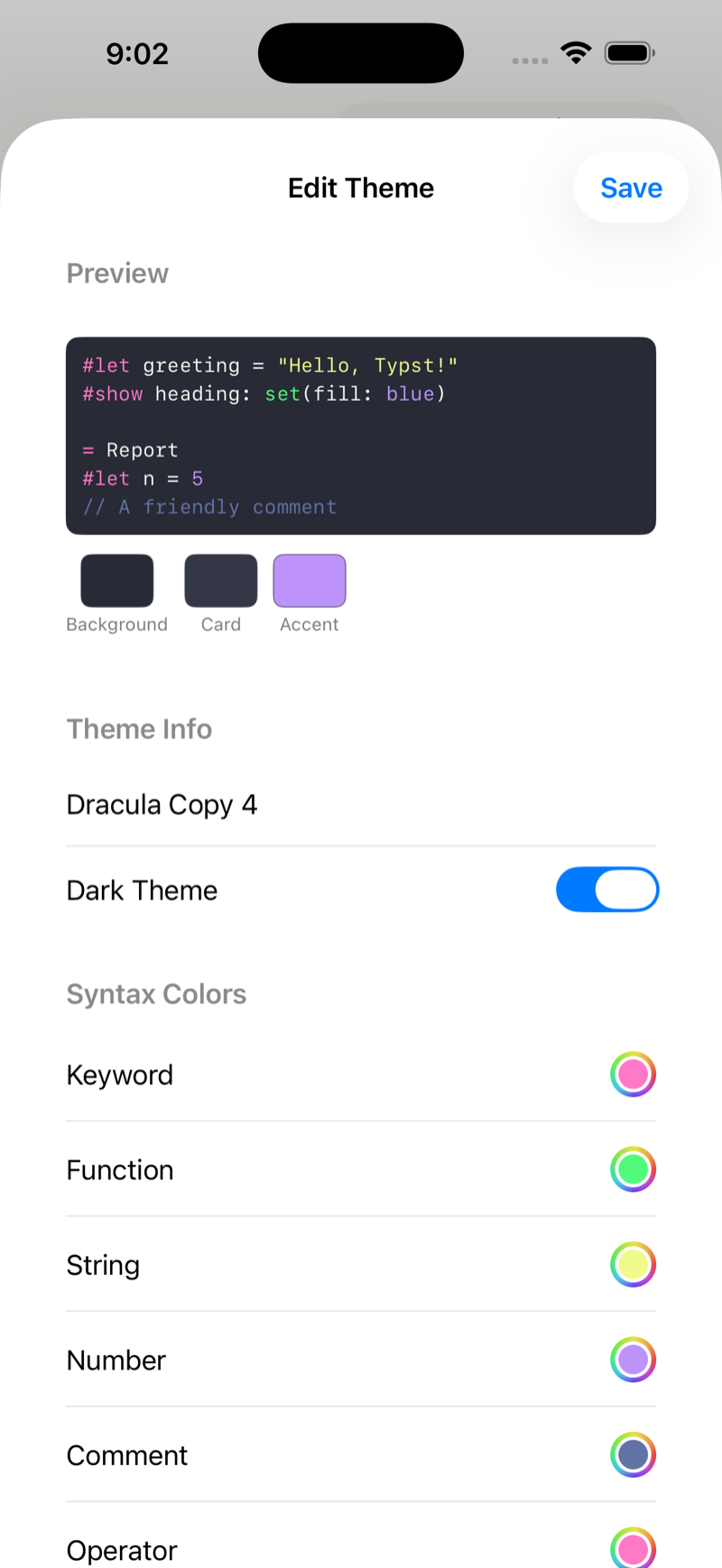 Theme editor on iPhone, light mode