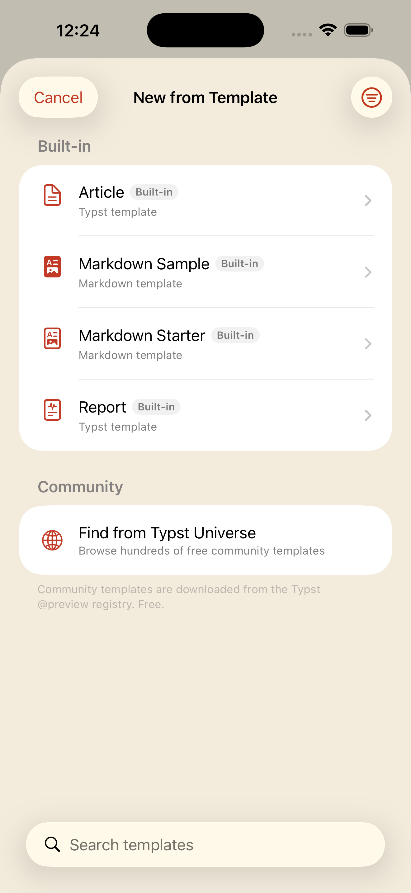 Typst Universe browser on iPhone, light mode