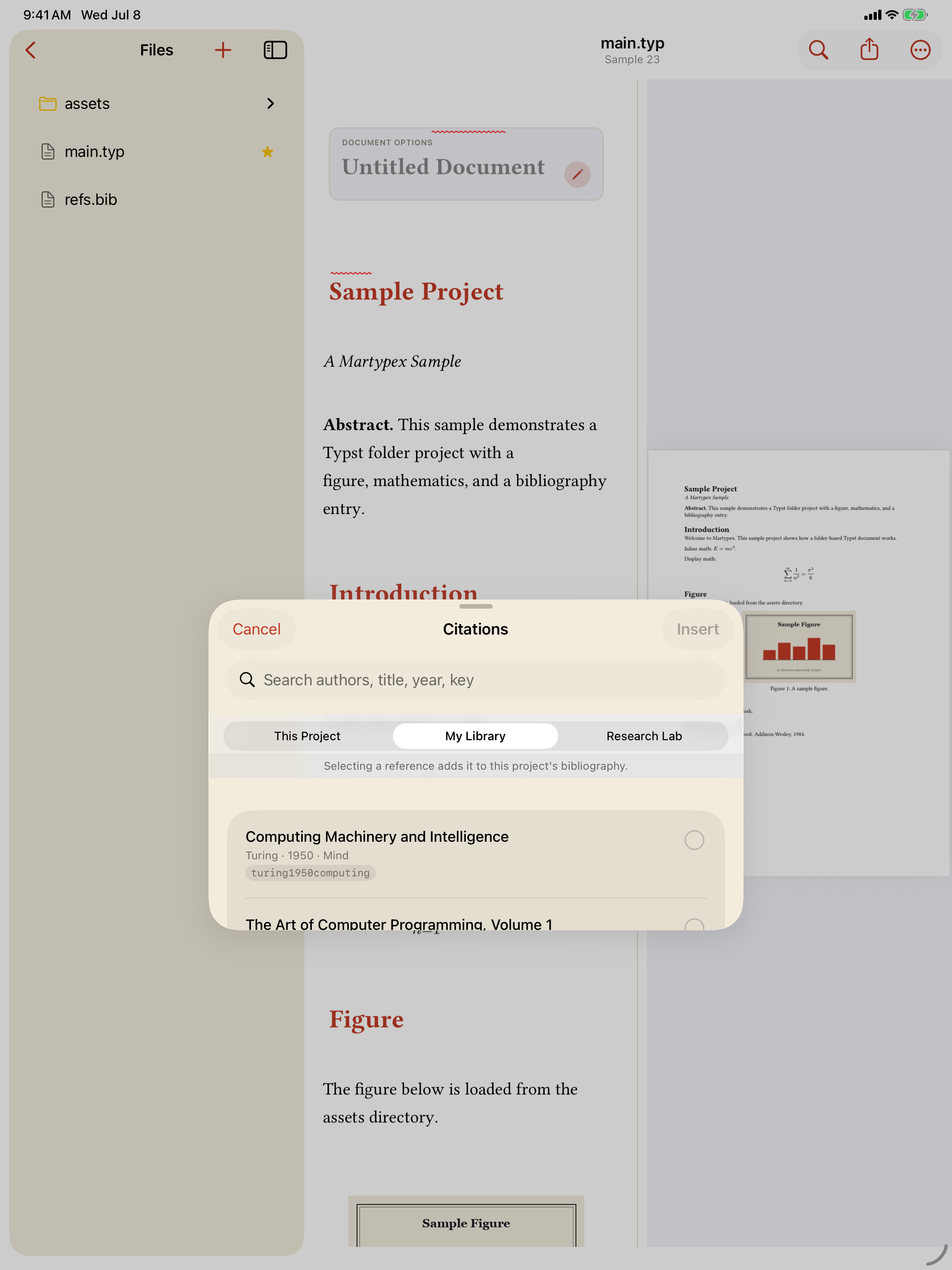 Browsing a connected Zotero library from the Citation Browser, on iPad, light mode