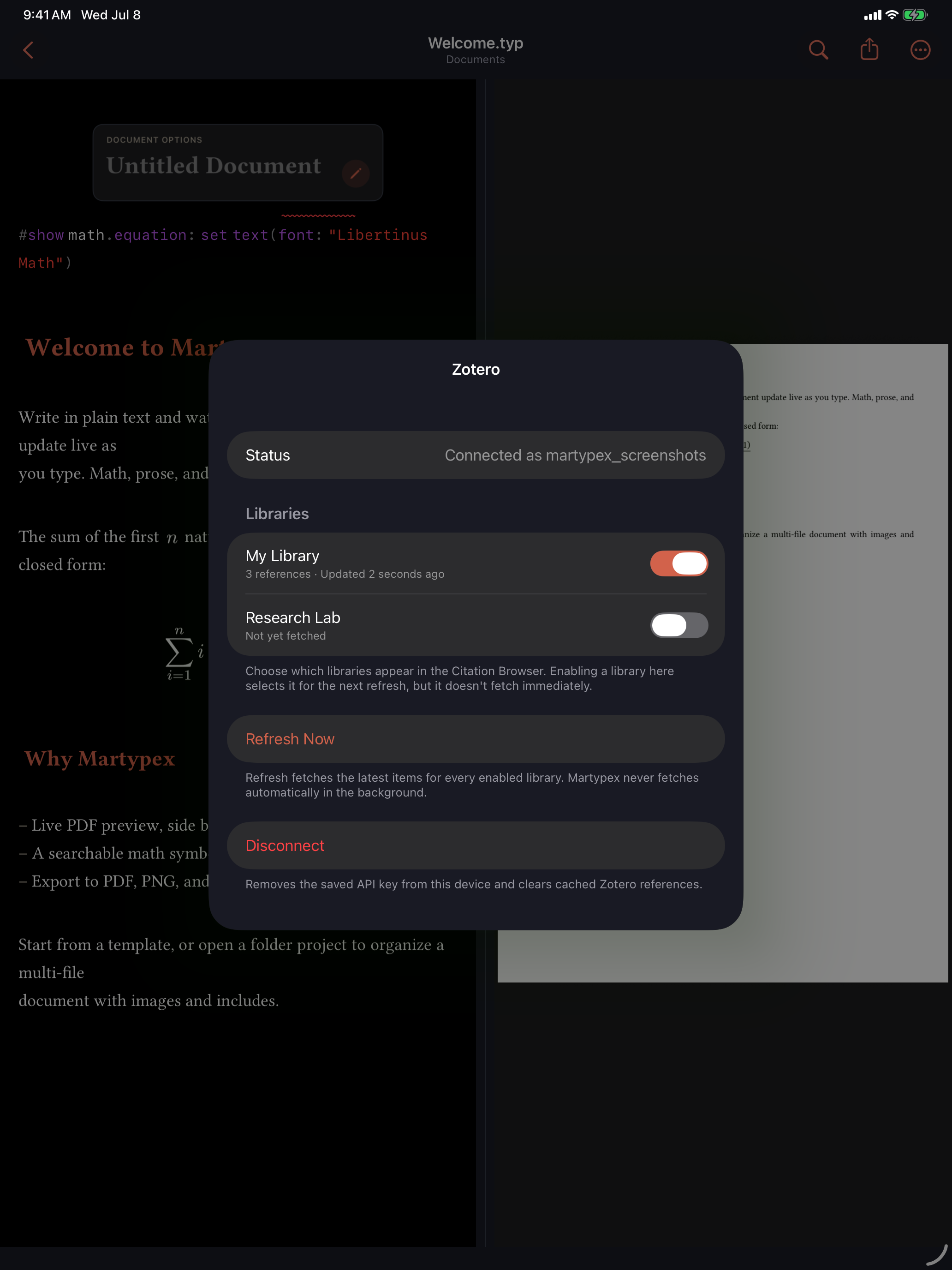 Connected Zotero account with library toggles, on iPad, dark mode