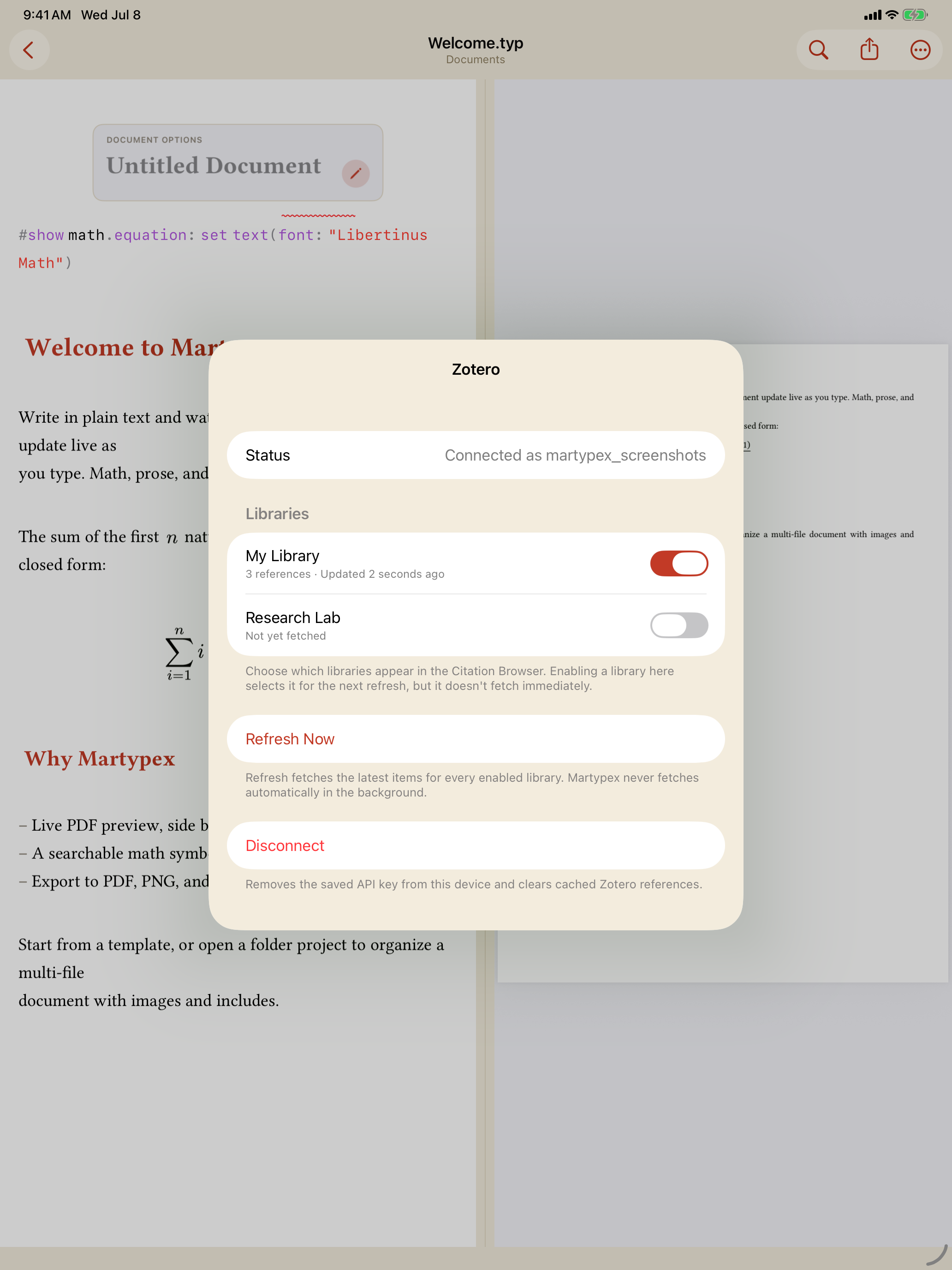 Connected Zotero account with library toggles, on iPad, light mode